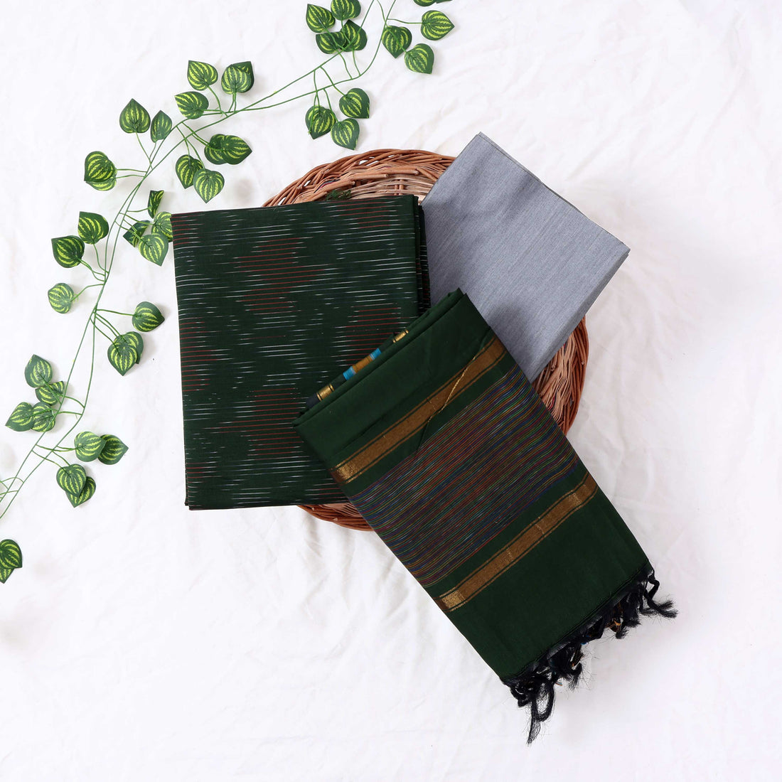 Dark Green Cotton Unstitched Salwar Material for Women | Ethnic Summer Collection | Jeyachandran - Full View