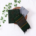 Cotton Salwar Material In Dark Green With Striped Pattern Grey Contrast Dupatta Flat Lay View