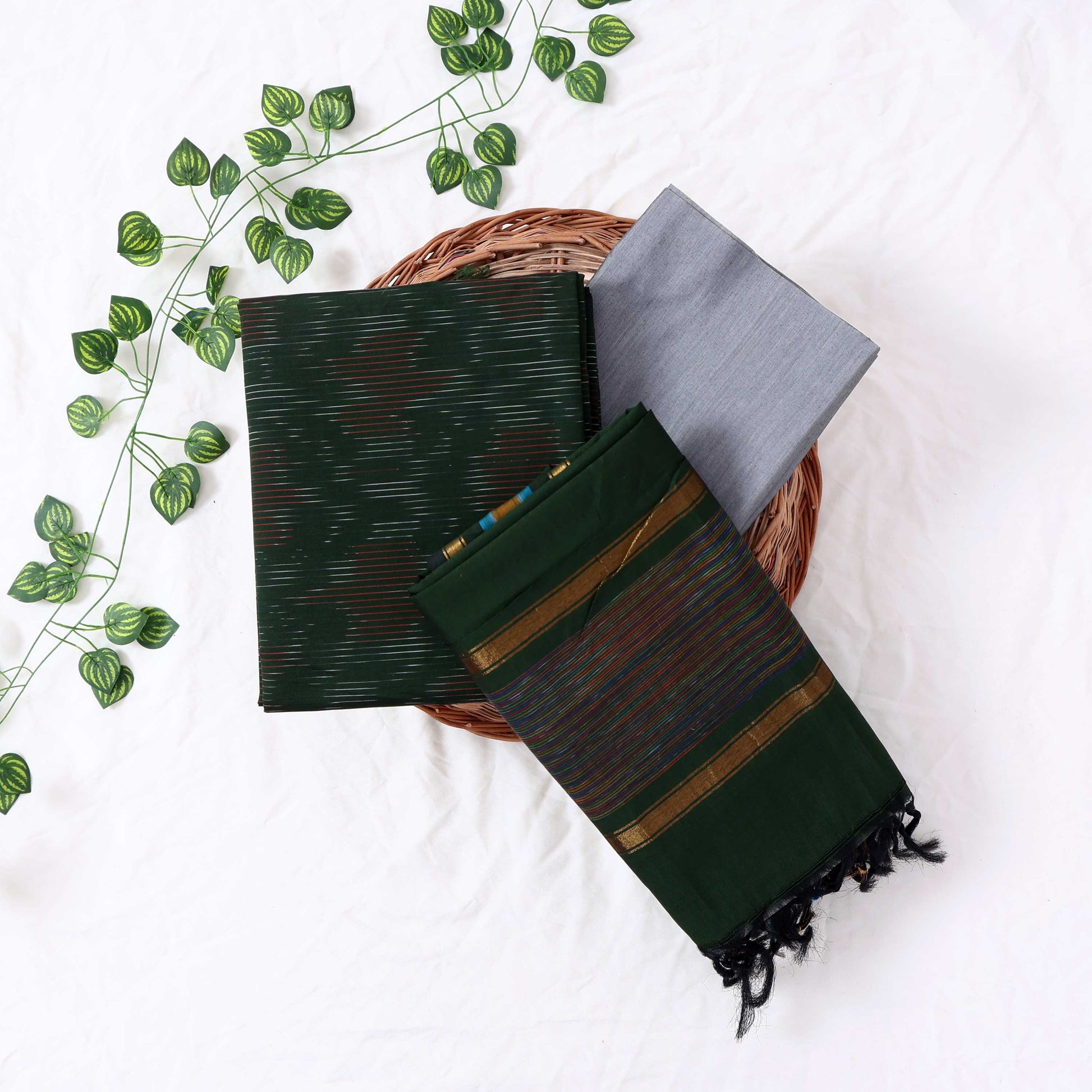 Cotton Salwar Material In Dark Green With Striped Pattern Grey Contrast Dupatta Flat Lay View