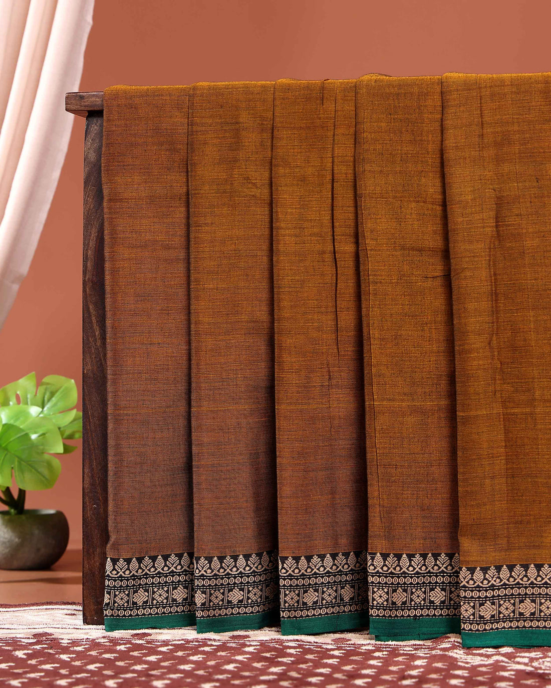 Traditional  Narayanpet Cotton Saree with Traditional Zari Border & Temple Motif Detailing - Brown
