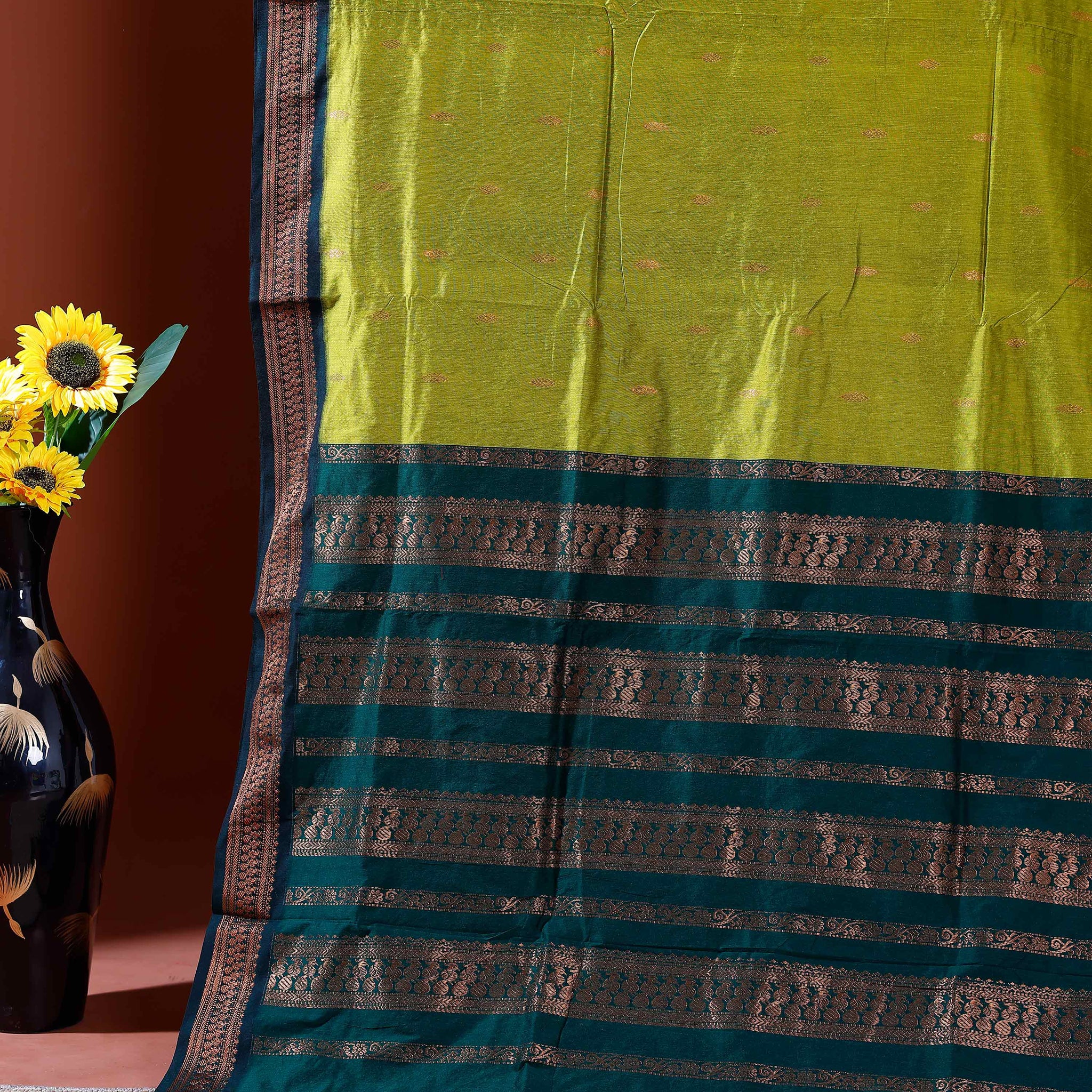 Handloom Kalyani Cotton Saree with Zari Woven Dark Green Border and All-over Buttas - Green