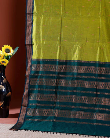Handloom Kalyani Cotton Saree with Zari Woven Dark Green Border and All-over Buttas - Green