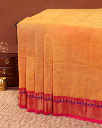 Traditional Handloom Chettinad Cotton Saree with Plain Body and Zari Woven Contrast Border - Orange