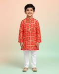 Boys green kurta adorned with traditional Bandhani-inspired patterns in red and gold., Dark Green