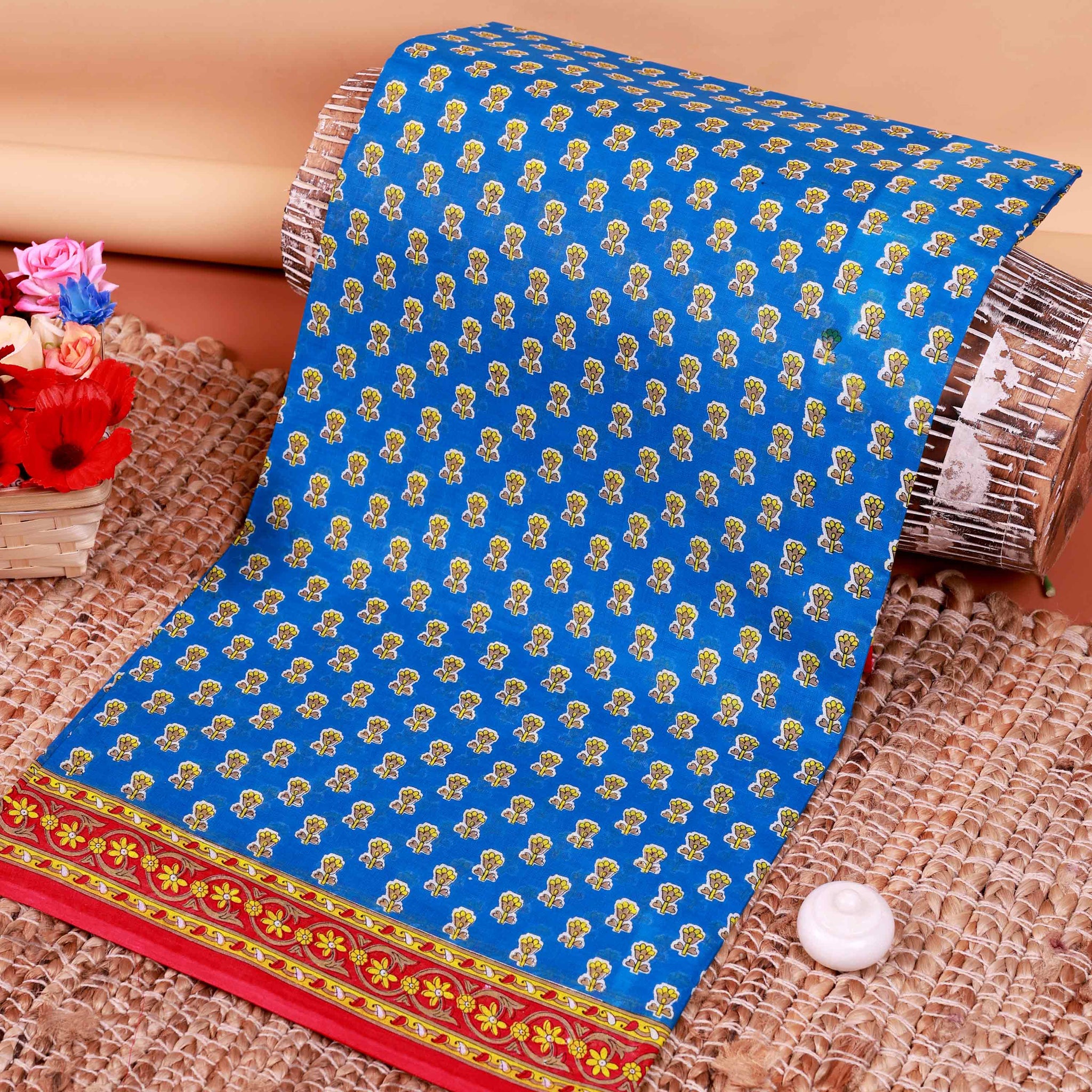All-Over Floral Printed Voile Saree with Intricate Contrast Border – Blue