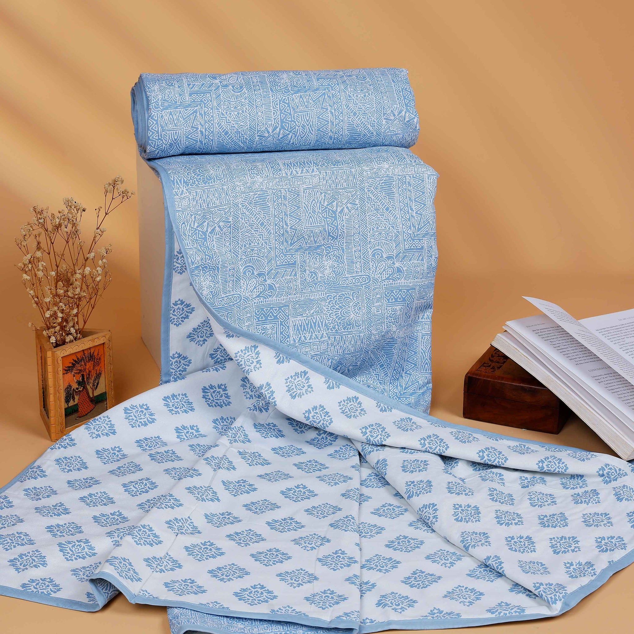 Reversible Cotton Double Quilt with Tribal Block Print and Floral Motifs - Blue