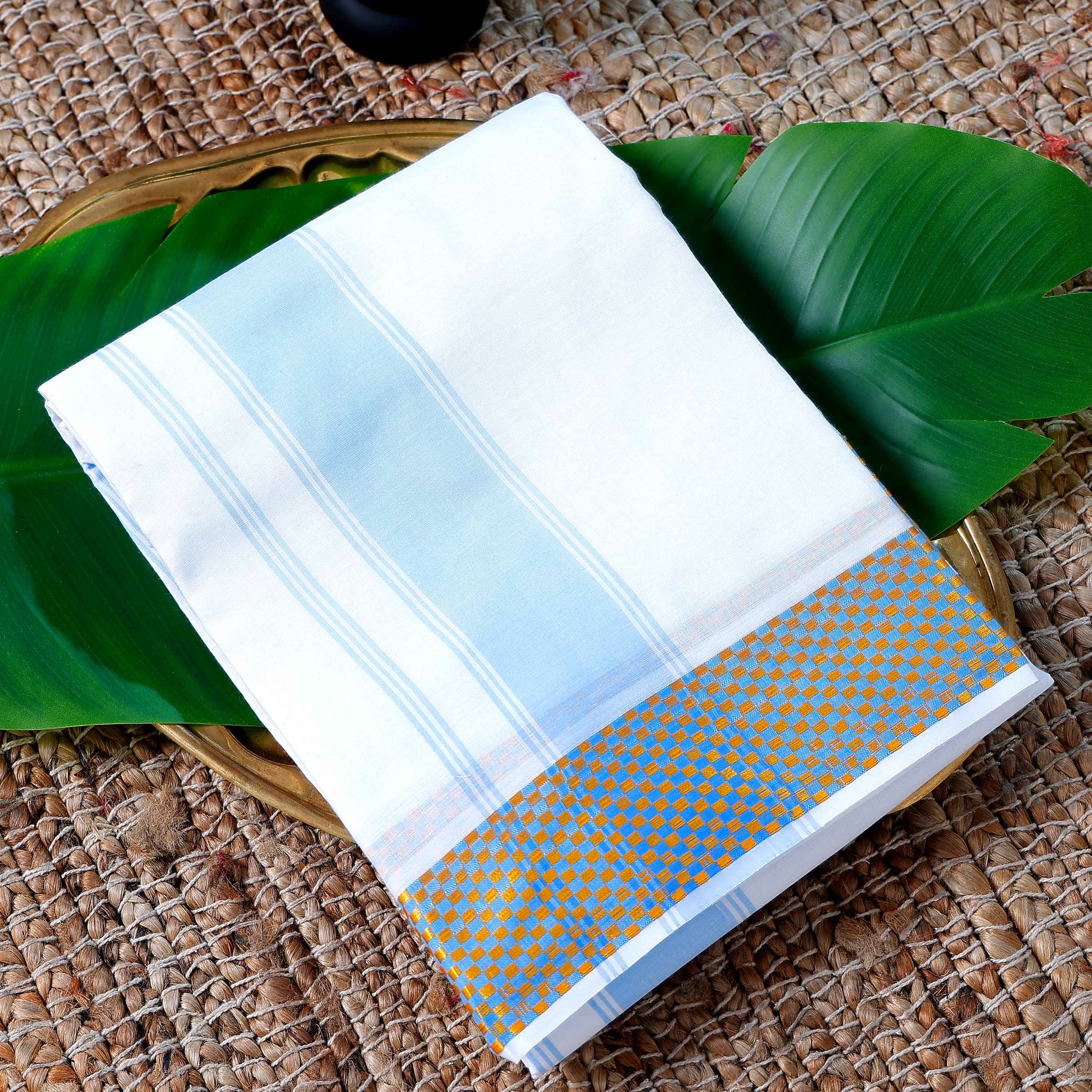 Men’s Cotton Dhoti with Blue Colour Border - White