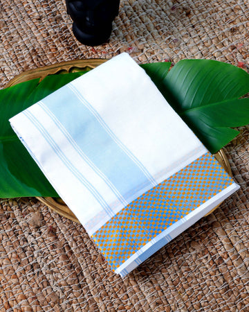 Men’s Cotton Dhoti with Blue Colour Border - White