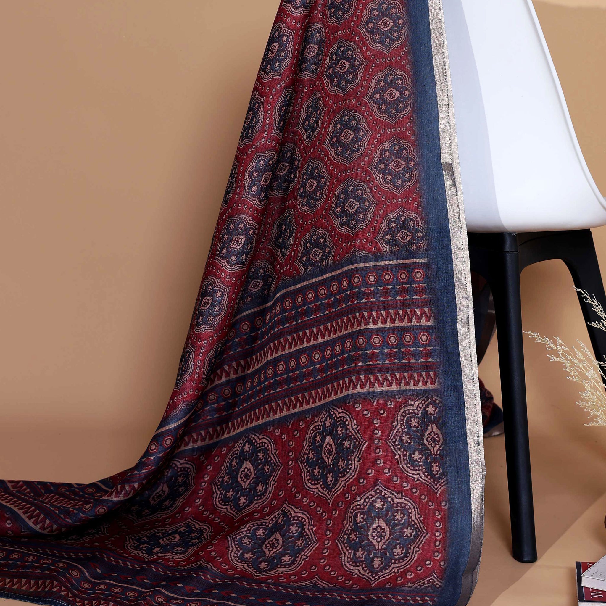 Rich Maroon and Navy Blue Linen Saree with Intricate Geometric and Floral Block Print