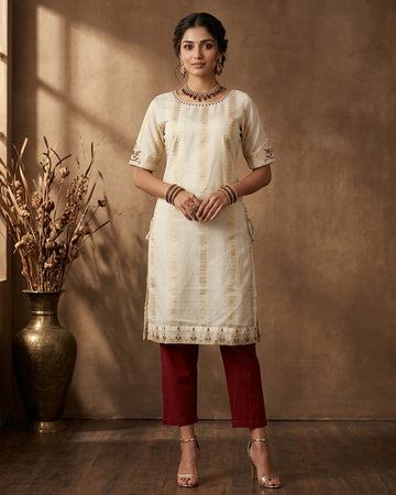 Women’s Embroidered Straight Kurta with Round Neck 3/4 Sleeves & Detailed Hem - Cream