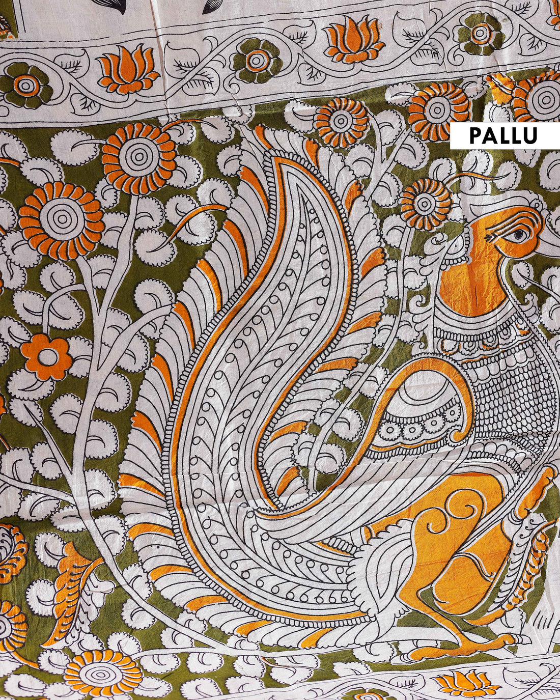 Traditional Handloom Kalamkari Cotton Saree with Intricate Floral and Avian Motifs - White