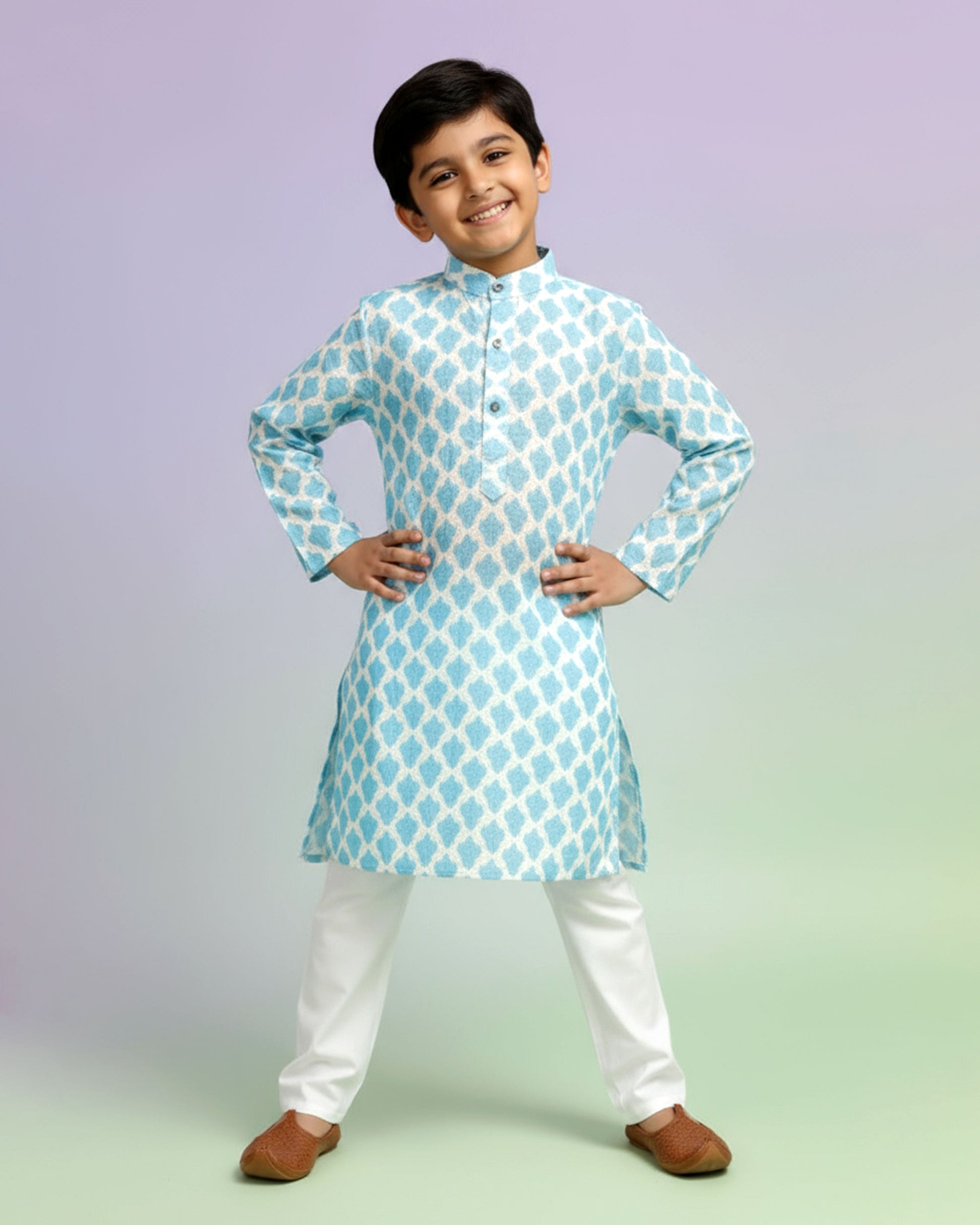 Boys green kurta adorned with traditional Bandhani-inspired patterns in red and gold., Blue