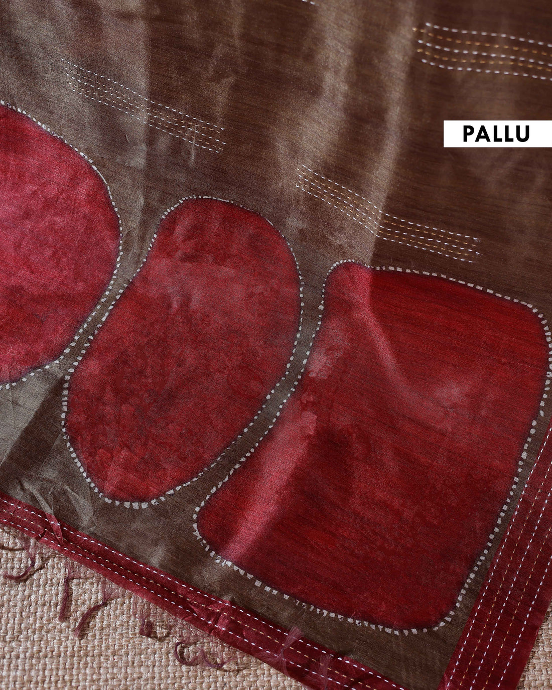 Handcrafted Kantha Cotton Saree with Contrast Patch Design and Intricate Stitch Embroidery - Brown