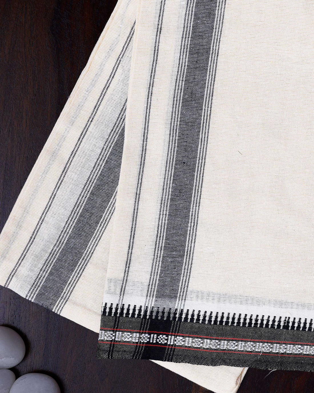Men's Handloom Cotton Dhoti with Striped Pattern and Black Border - Cream