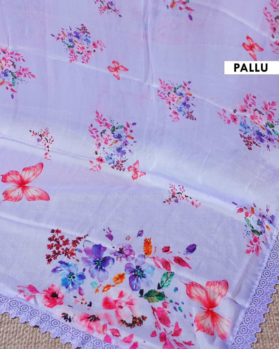 Elegant Georgette Saree with Delicate Floral Prints and Graceful Lace Border Detailing - Lavender