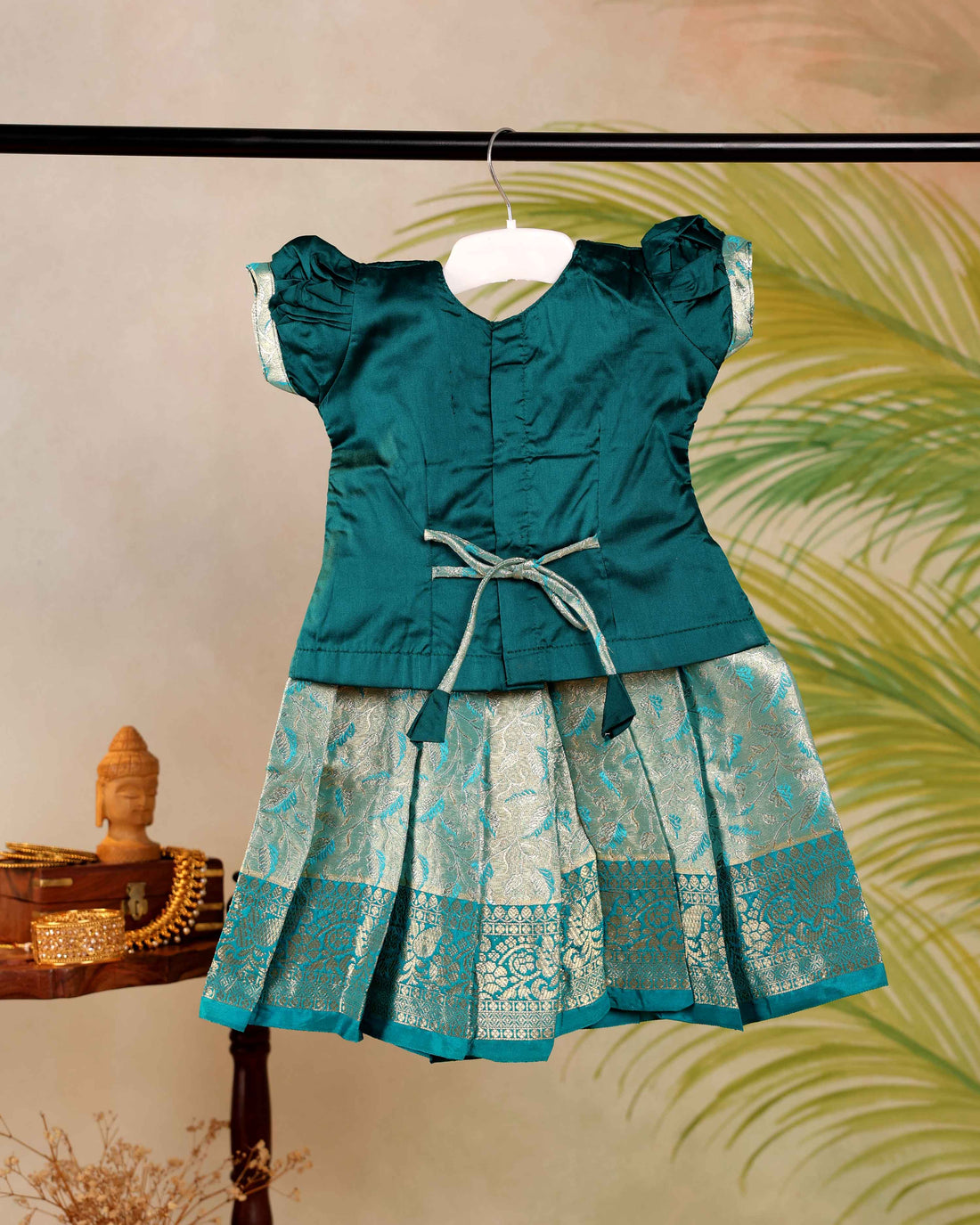 Elegant Kids Pattu Pavadai Readymade a Traditional Ethnic Gown with Zari Border & Puff Sleeves  - Green