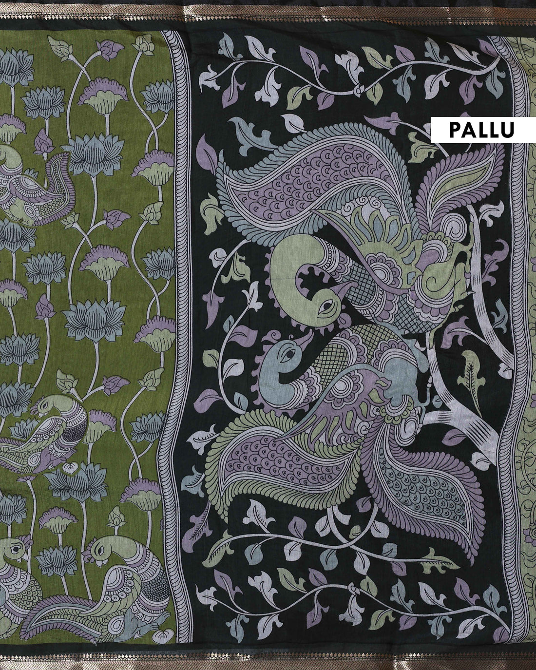 Elegant Semi Chanderi Saree with Traditional Kalamkari Handcrafted Motifs and Intricate Zari Border - Green