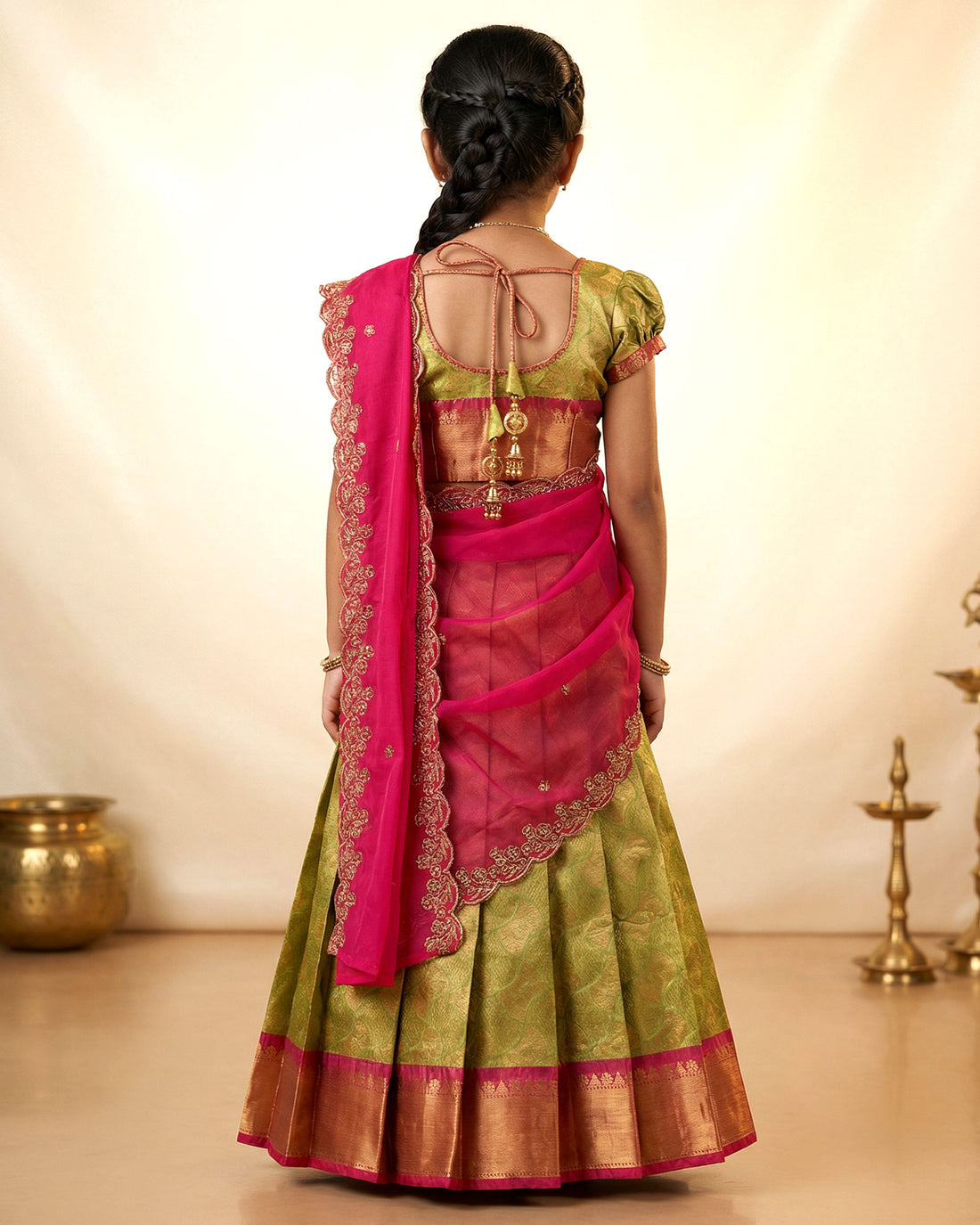 Traditional Girls Dhavani Set with Jacquard Woven Pavadai Ornate Zari Border Dupatta and Classic Puff Sleeve Blouse - Green & Pink