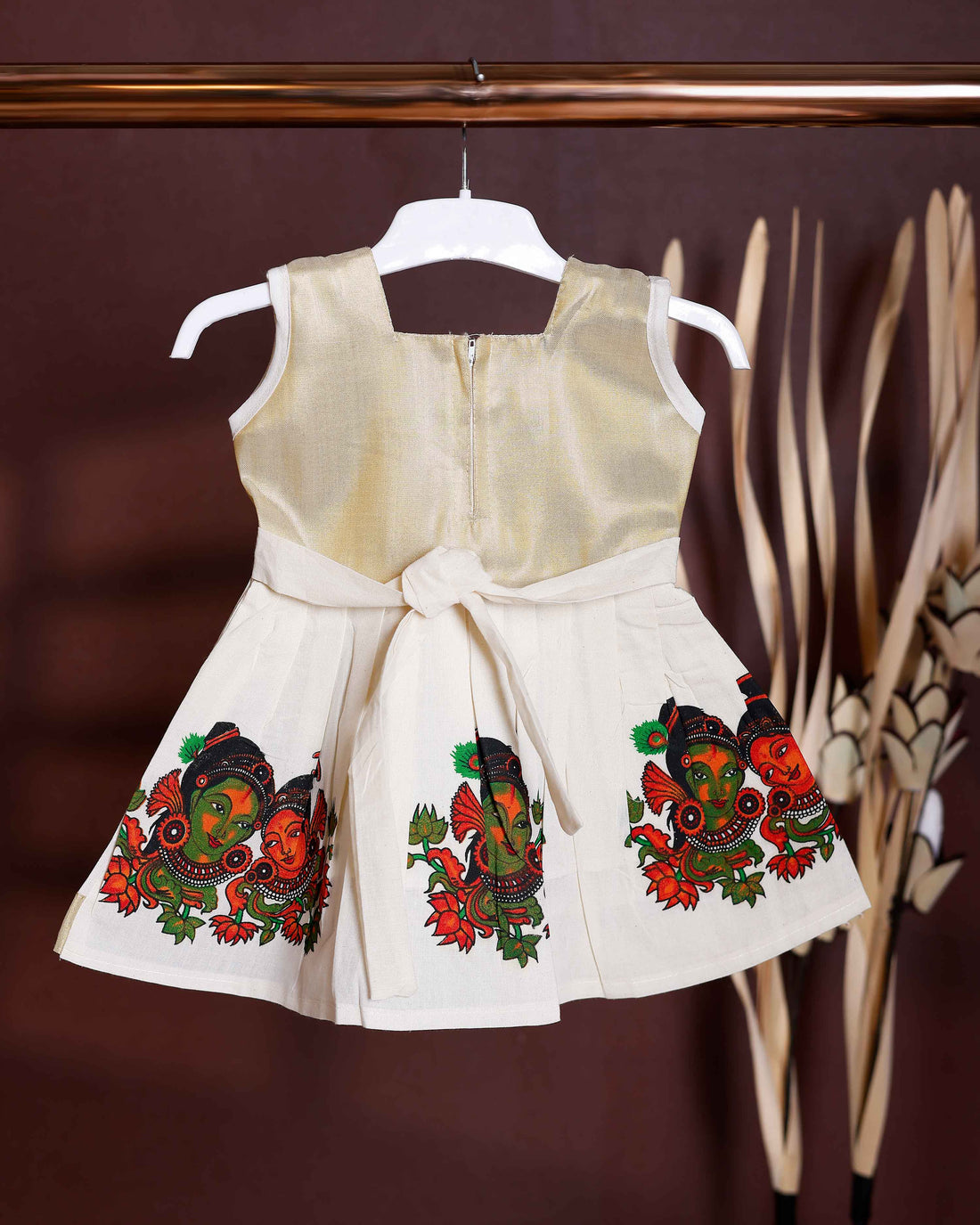Traditional Kids' Frock with Kerala Mural Art Print - Cream