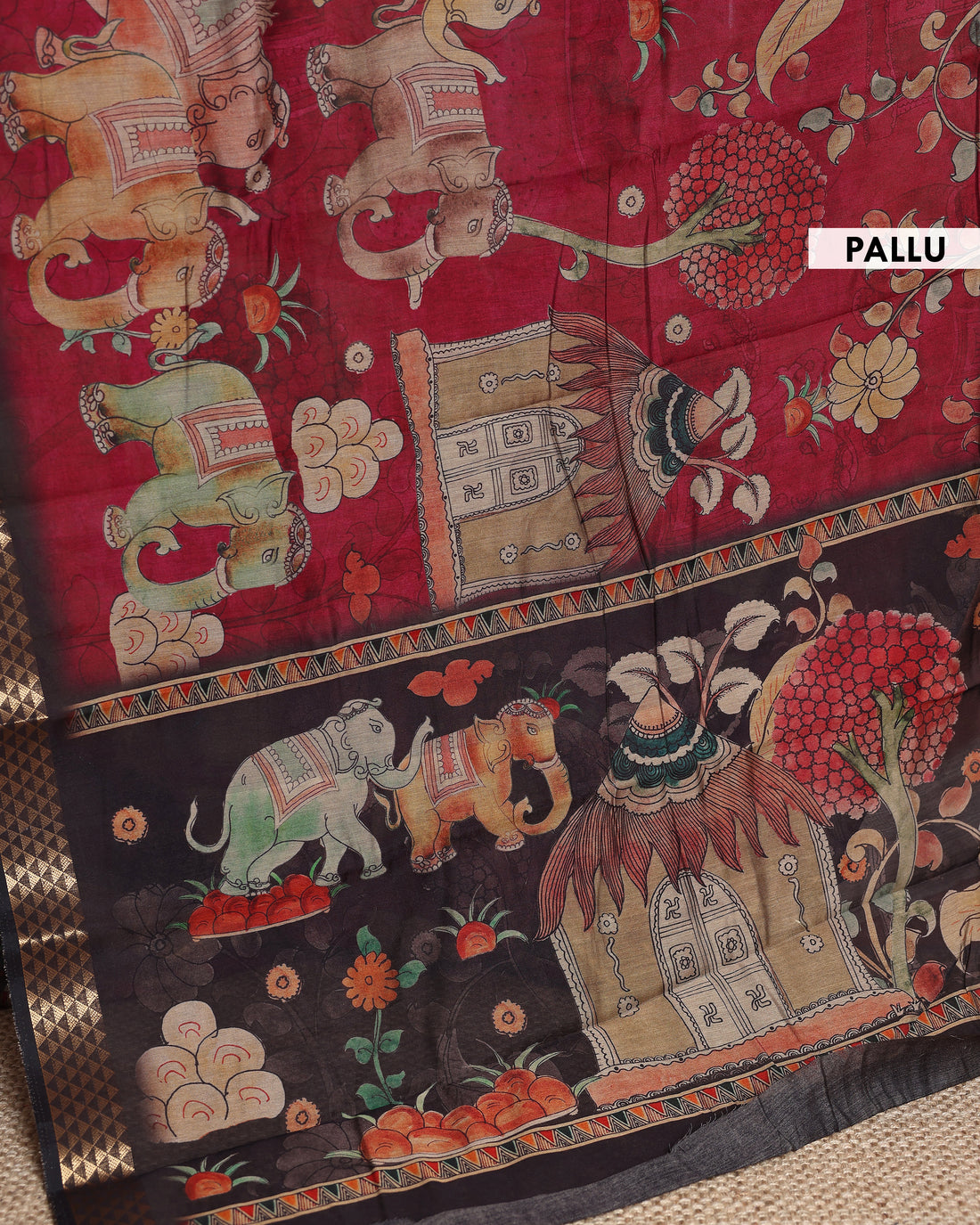 Semi Chanderi Kalamkari Saree with Intricate Hand-Painted Motifs and Zari Border - Purple