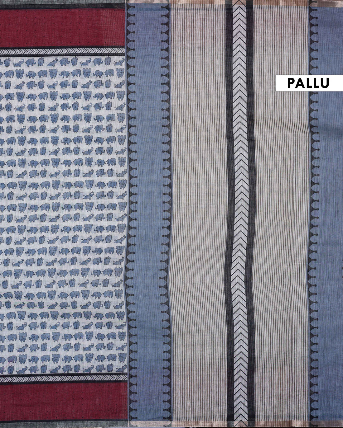 Contemporary Linen Saree in Grey, Maroon and Blue with Floral Buta, Chevron Stripes and Contrast Border