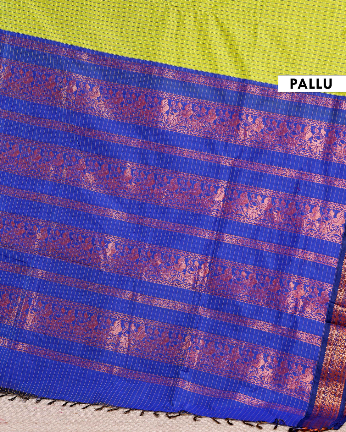 Traditional Kalyani Cotton Saree with All-Over Checks and Ornate Zari Pallu and Border - Green