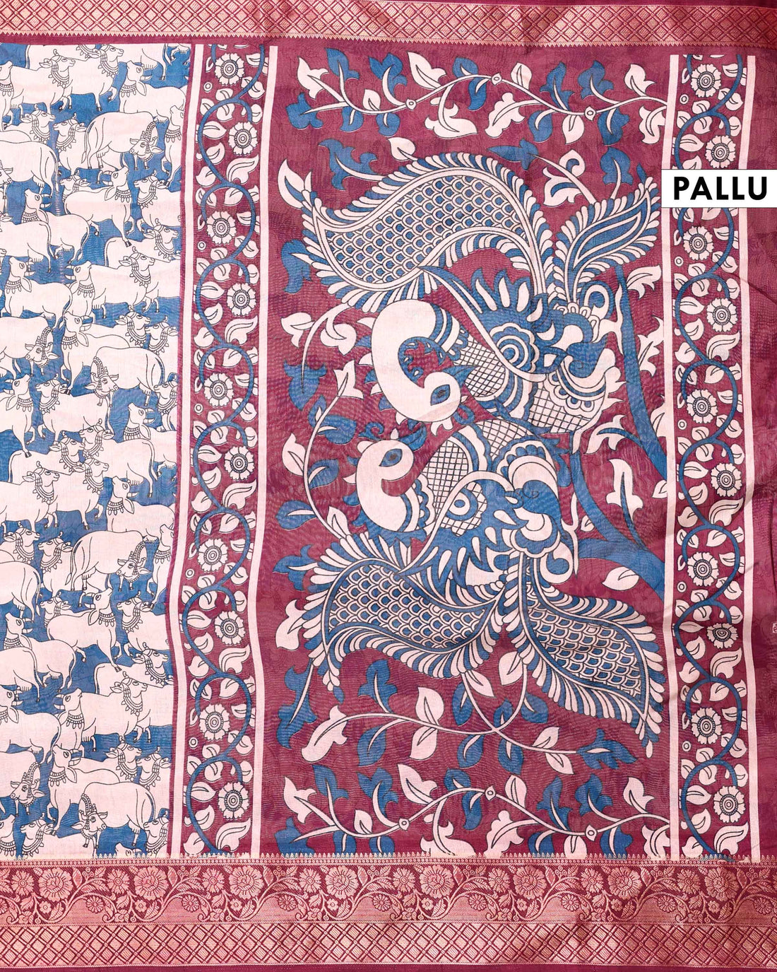 Elegant Semi Chanderi Saree with Traditional Animal Motif Print and Contrasting Zari Woven Border - Blue