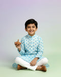 Boys green kurta adorned with traditional Bandhani-inspired patterns in red and gold., Blue
