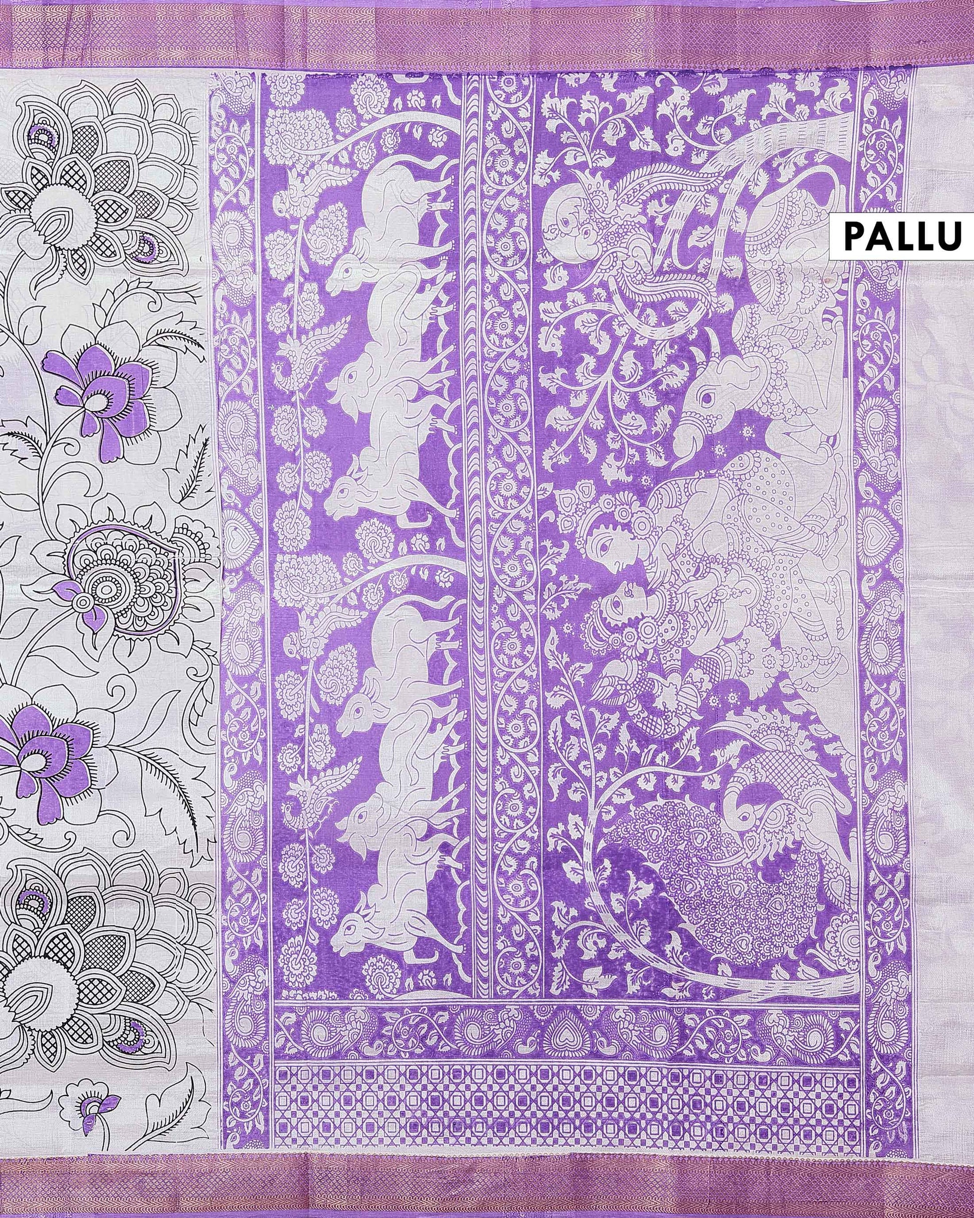 Handloom Mangalagiri Semi Chanderi Saree with Kalamkari Inspired Floral Motifs and a Contrast Zari Border  - White-one 