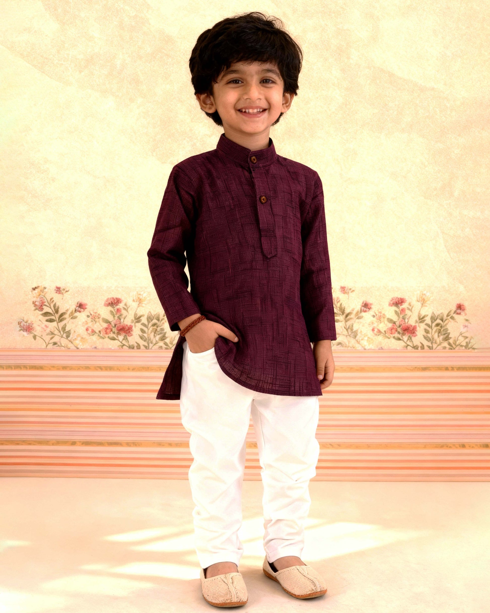 Boys Festive Kurta Set with Mandarin Collar, Purple