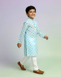 Boys green kurta adorned with traditional Bandhani-inspired patterns in red and gold., Blue