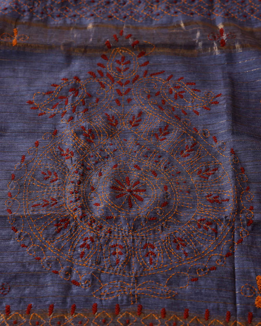 Elegant Kantha Hand Embroidered Saree with Intricate Floral Motif and Contrast Border - Grey