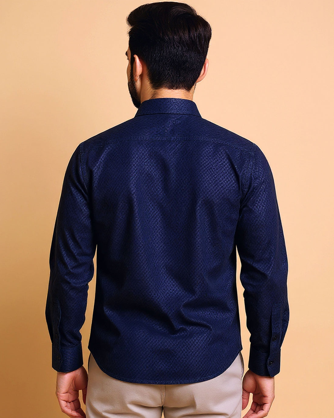 Men's Native Bull Brand Textured Casual Shirt with Spread Collar and Full Sleeves - Navy Blue