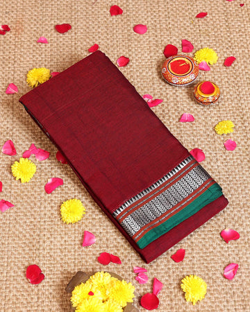Handloom Narayanpet Cotton Saree with Traditional Temple Border and Striped Pallu - Maroon