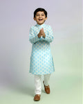 Boys green kurta adorned with traditional Bandhani-inspired patterns in red and gold., Dark Green