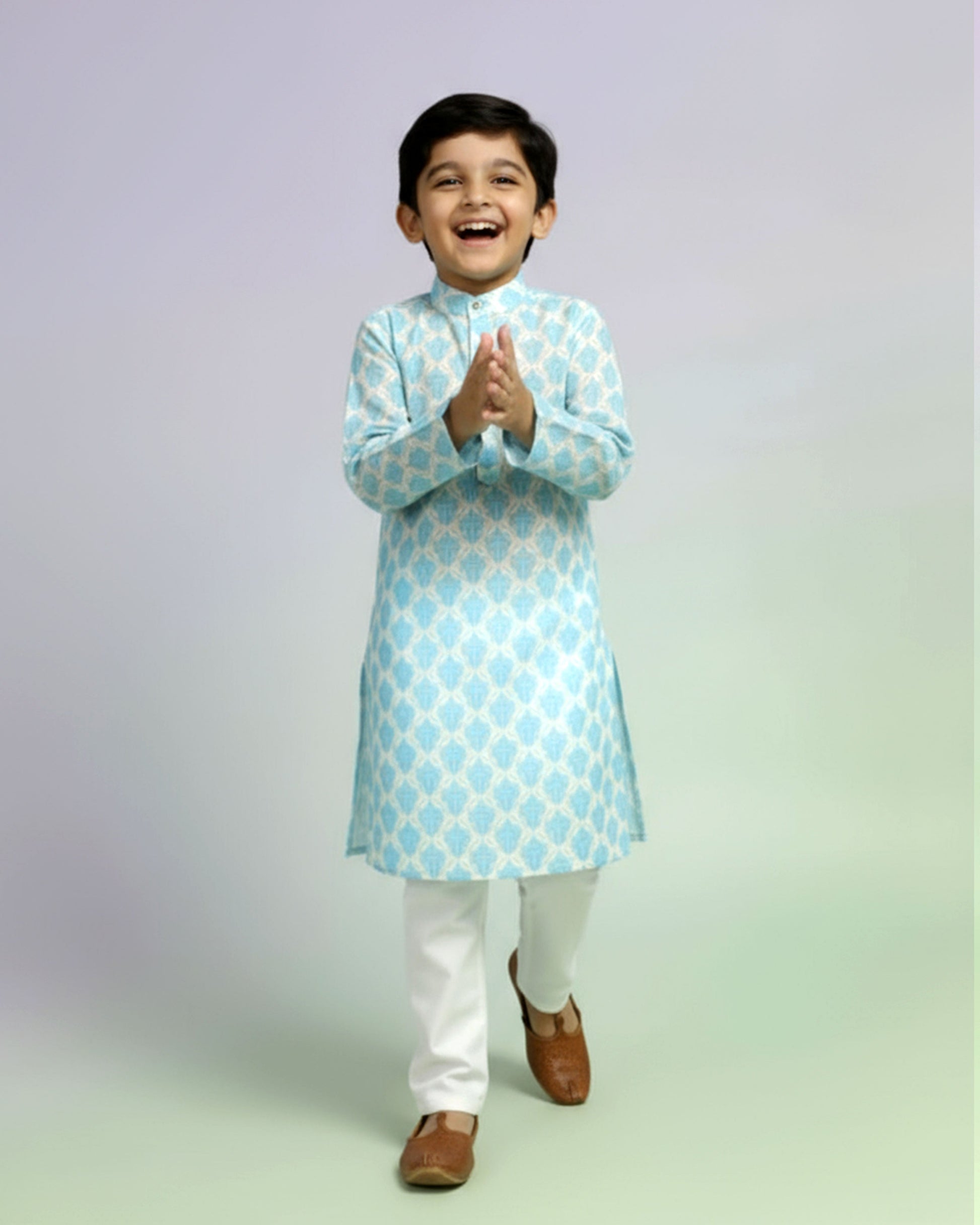 Boys green kurta adorned with traditional Bandhani-inspired patterns in red and gold., Dark Green
