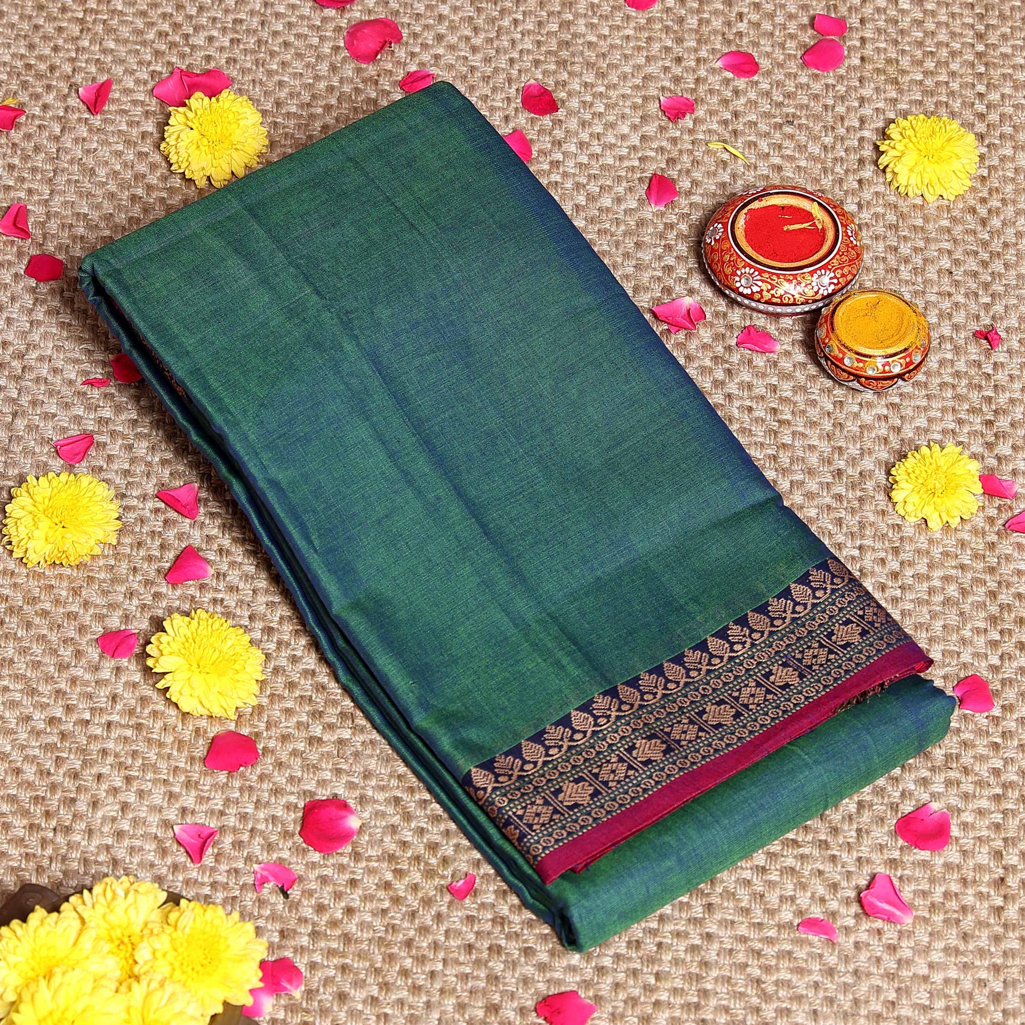 Traditional  Narayanpet Cotton Saree with Traditional Zari Border & Temple Motif Detailing - Green