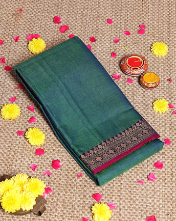 Traditional  Narayanpet Cotton Saree with Traditional Zari Border & Temple Motif Detailing - Green