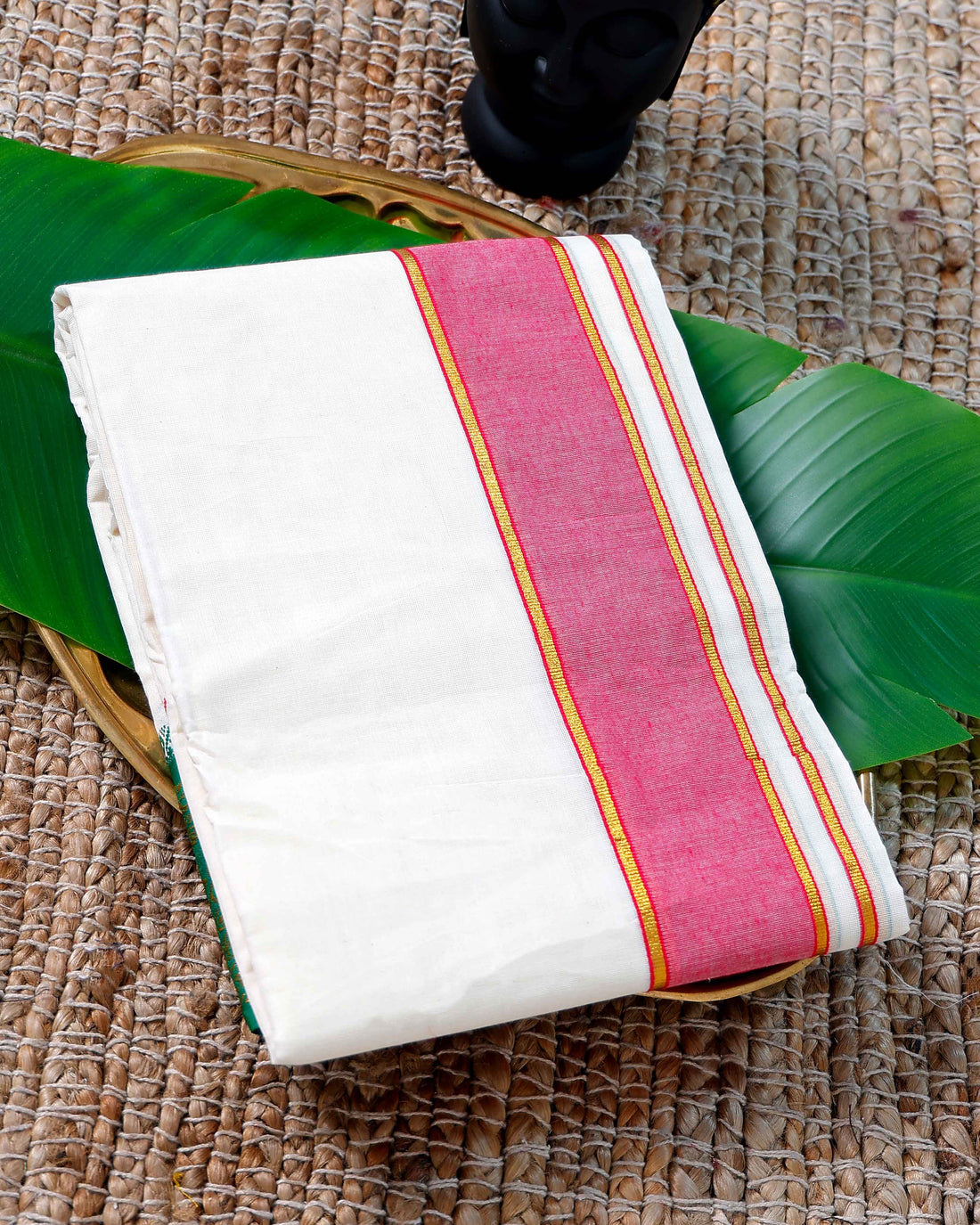 Men’s Cotton Dhoti with Green Colour Border - White