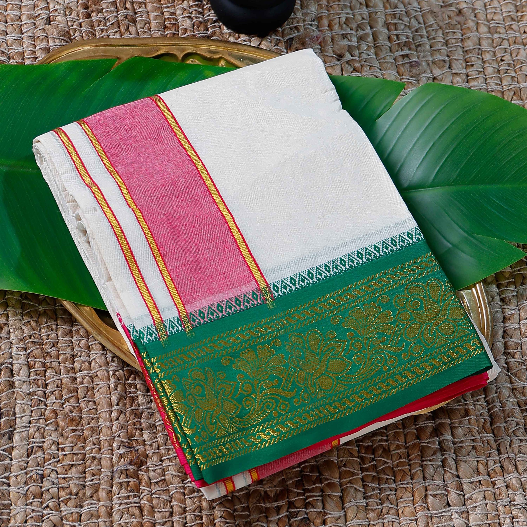Men’s Cotton Dhoti with Green Colour Border - White