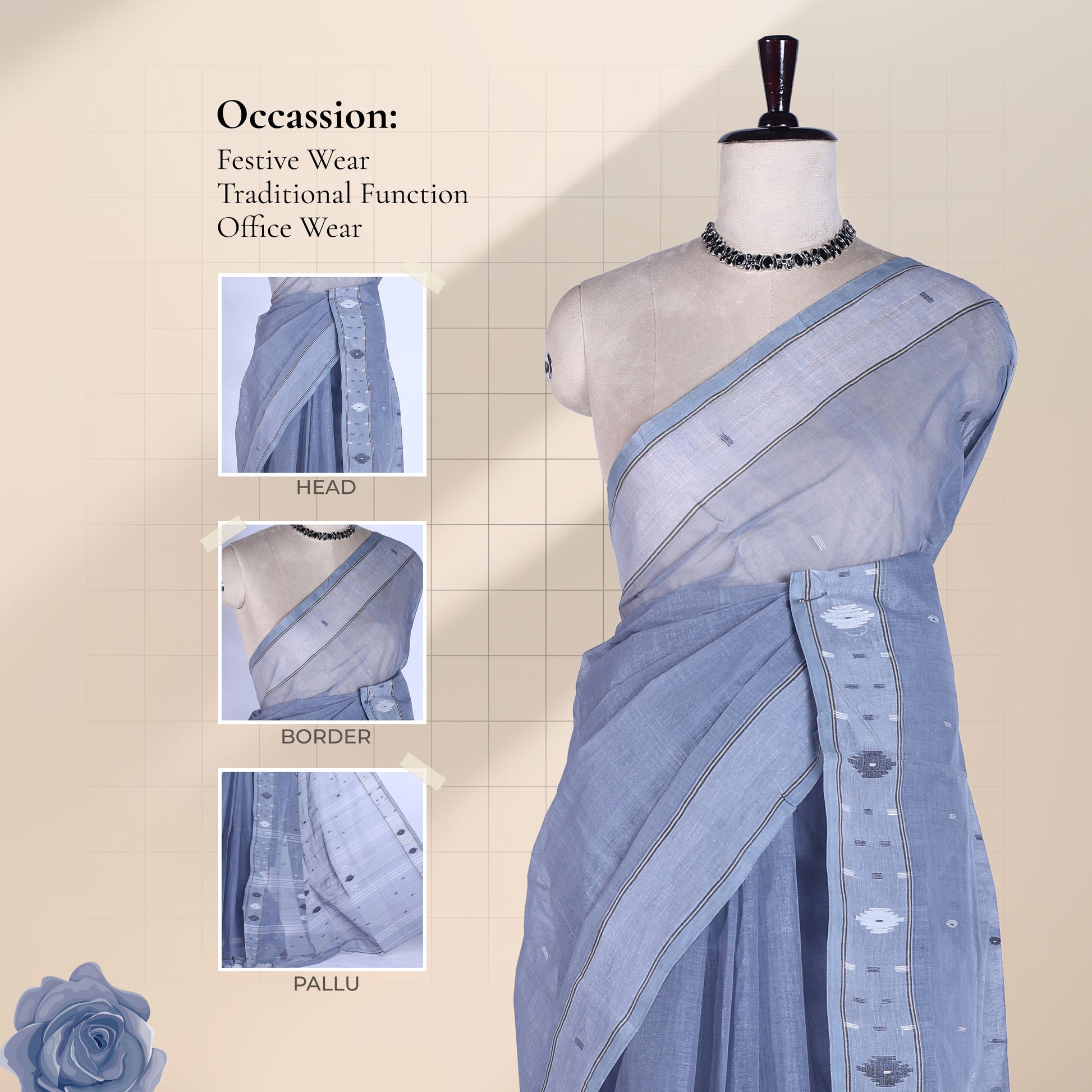 Bengal Cotton Saree With Woven Buti Motifs And Contrast Border In Grey Draped On Mannequin -  Front View