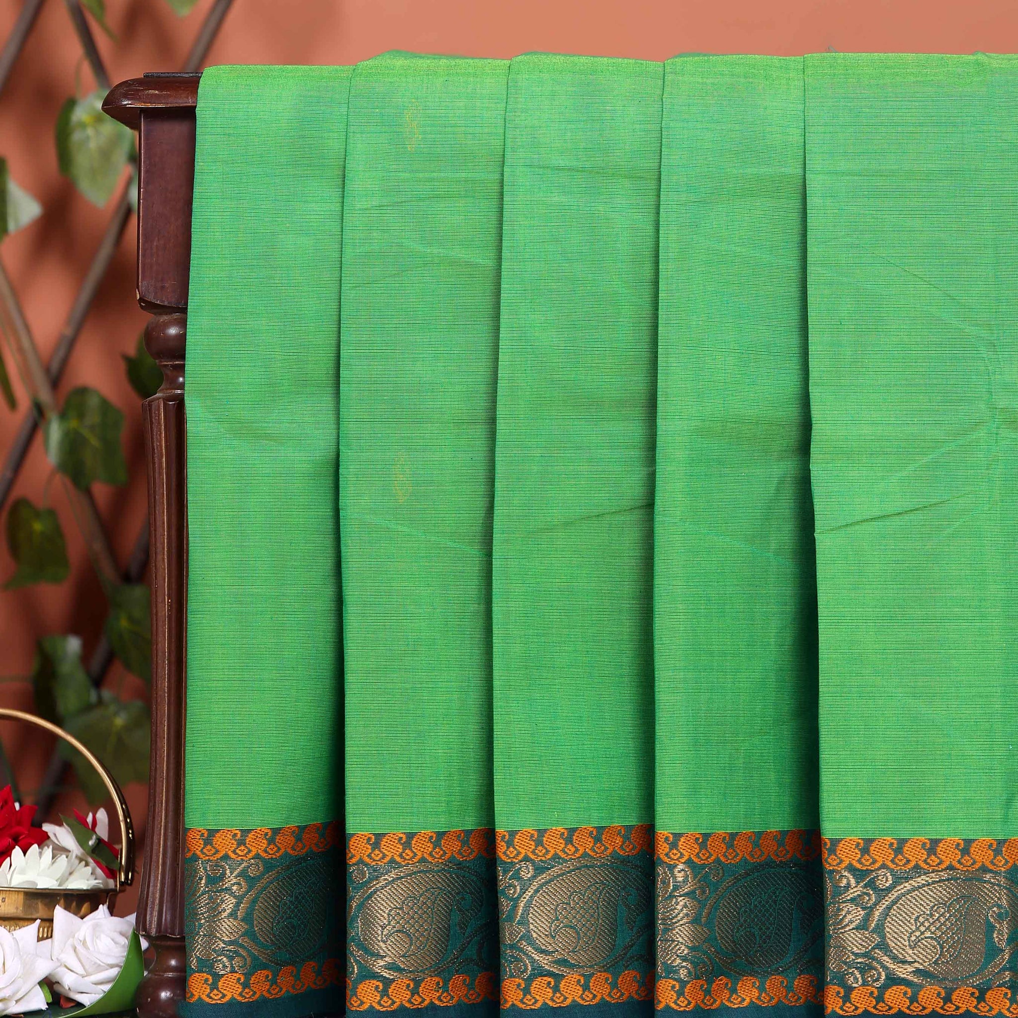 Traditional Chettinad Cotton Saree with Contrast Zari Woven Border and Fine Handloom Weave - Green