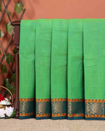 Traditional Chettinad Cotton Saree with Contrast Zari Woven Border and Fine Handloom Weave - Green