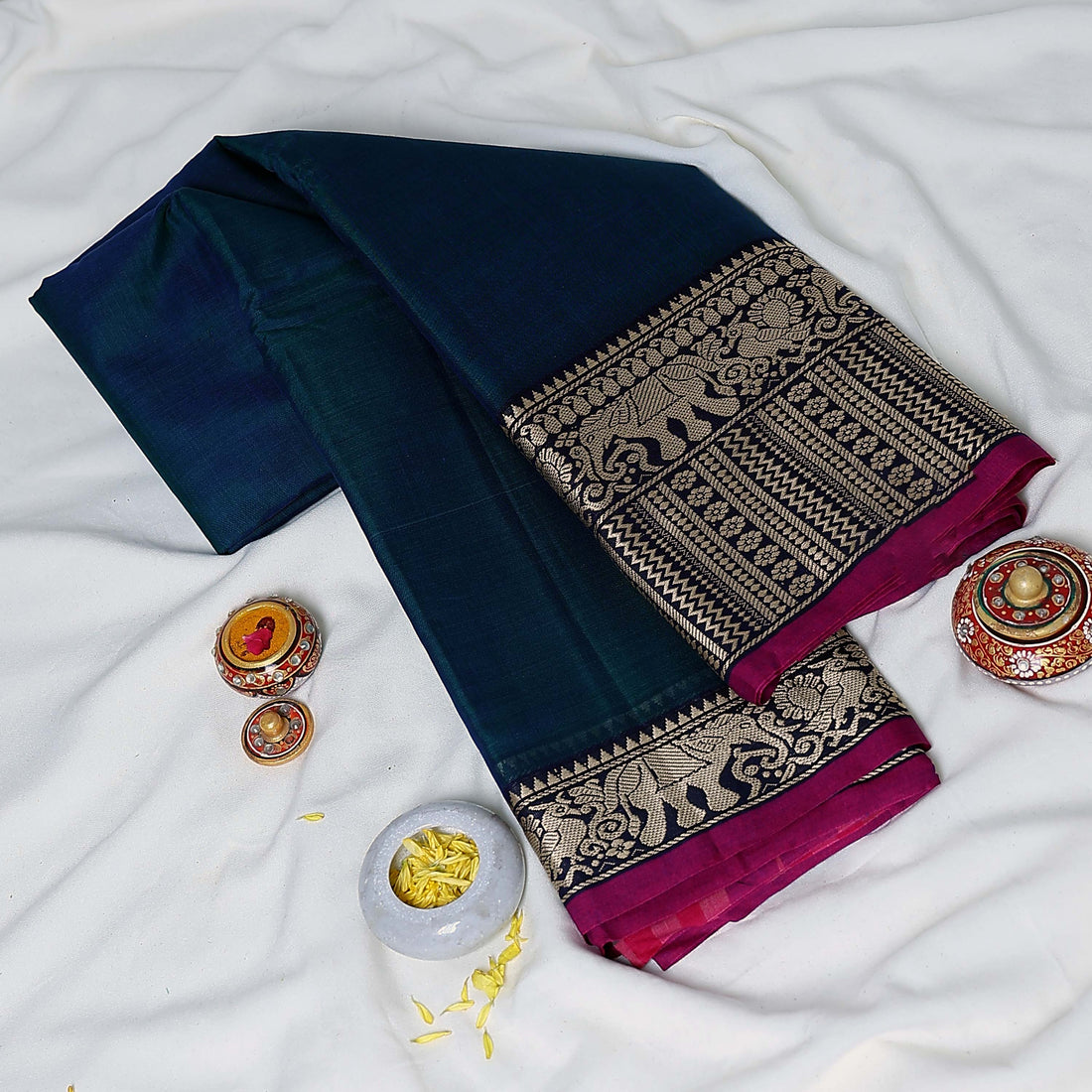 Teal Mangalagiri Cotton Saree for Women | Festive Summer Collection | Jeyachandran - Full View
