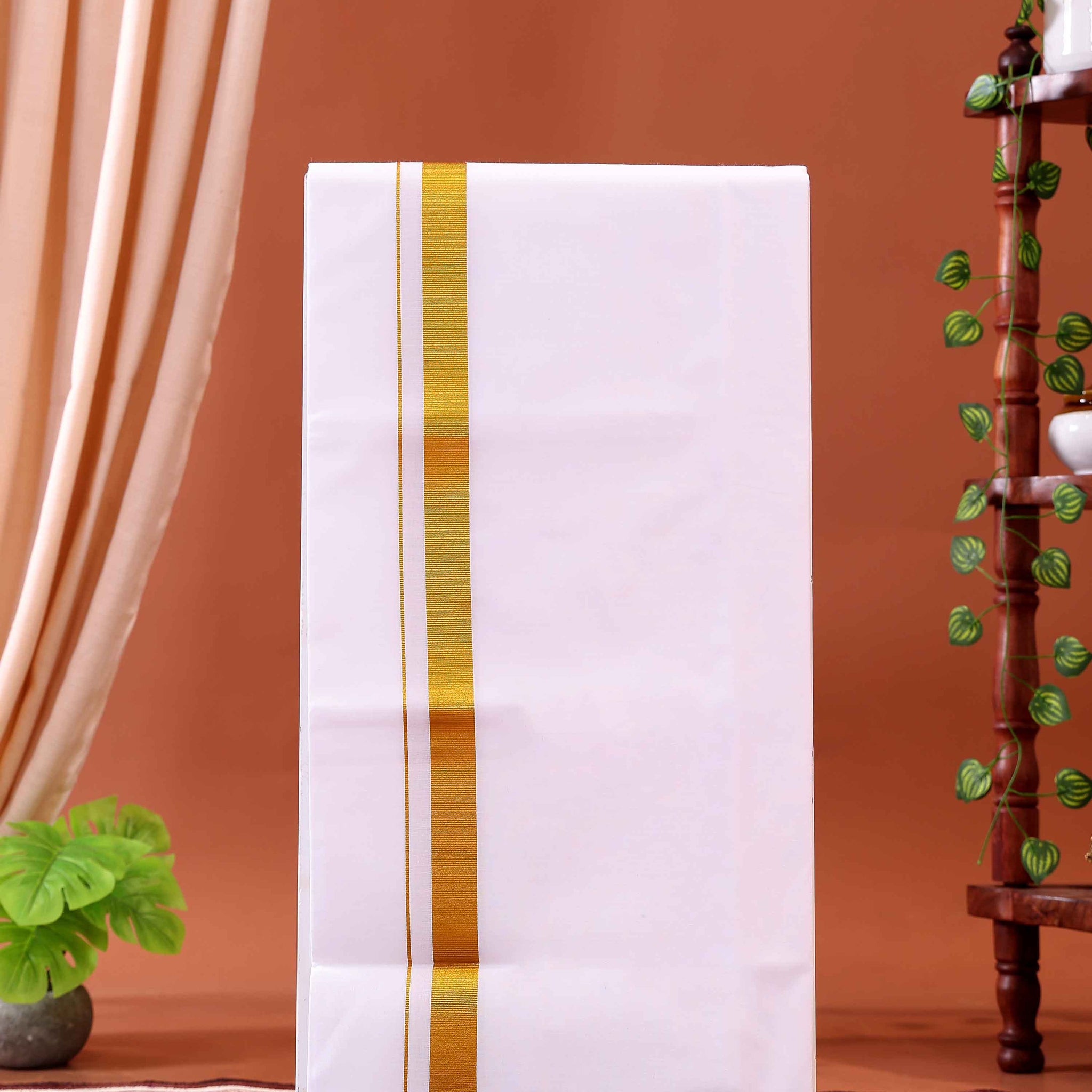 Men’s Traditional Handloom Cotton Dhoti with Gold Border - White