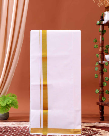 Men’s Traditional Handloom Cotton Dhoti with Gold Border - White