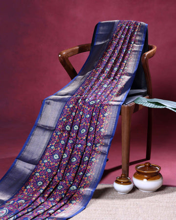 Elegant Dola Silk Saree with All-Over Floral Buta Weaving and Intricate Zari Border - Navy Blue