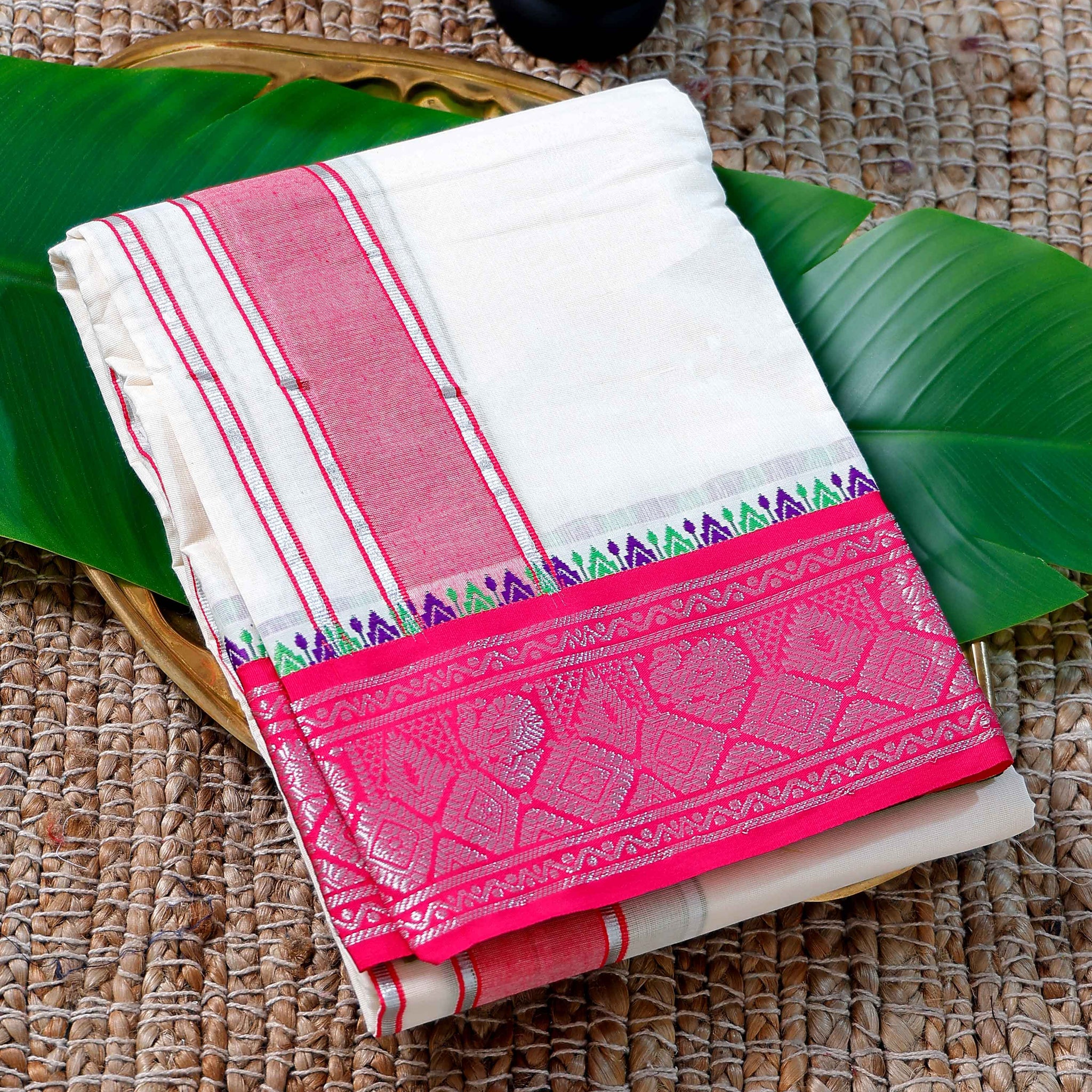 Men’s Cotton Dhoti with Pink Colour Border - White
