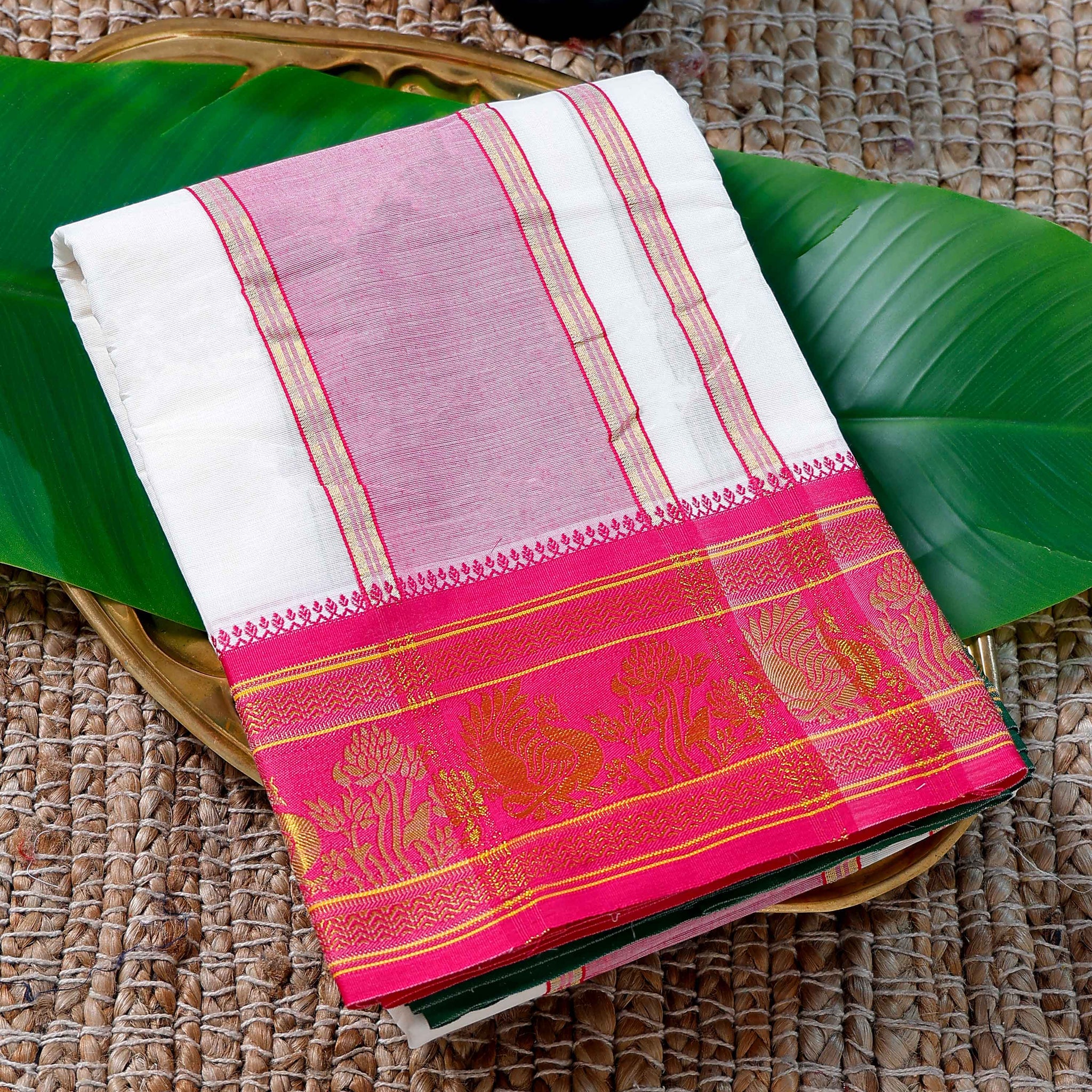 Men’s Cotton Dhoti with Pink Colour Border - White