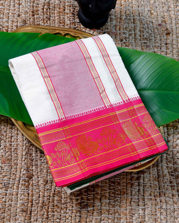 Men’s Cotton Dhoti with Pink Colour Border - White